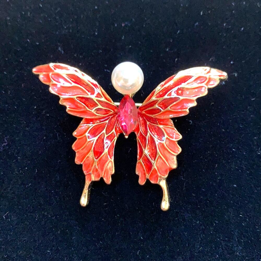 Butterfly brooch gold pink pink rhinestone delicate coral enamel faux pearl